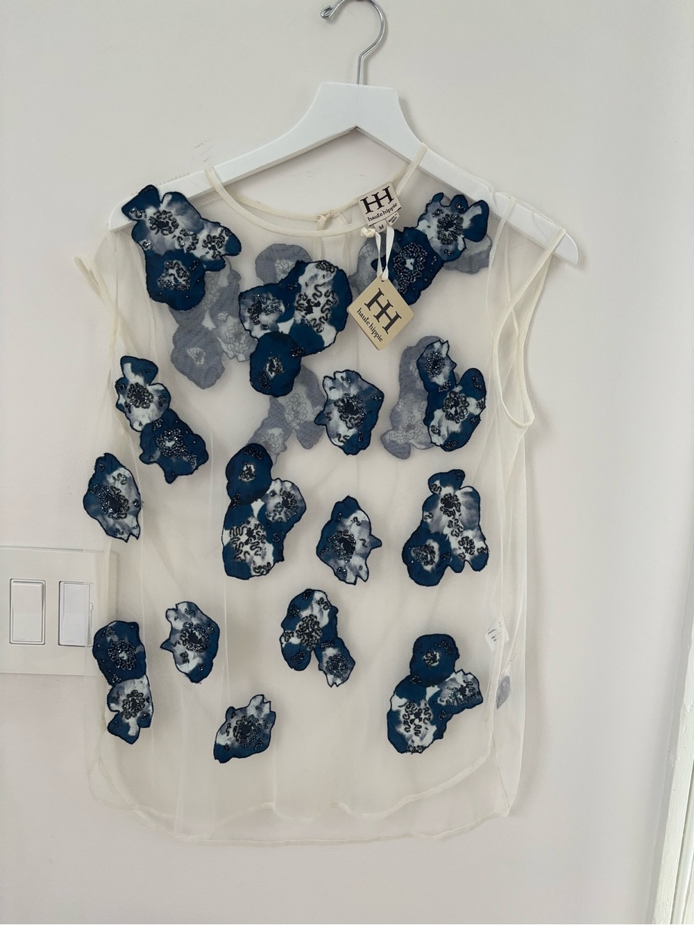 Haute Hippie Cream Sheer Cap sleeve t-shirt  with 100% silk Navy Floral Appliqué